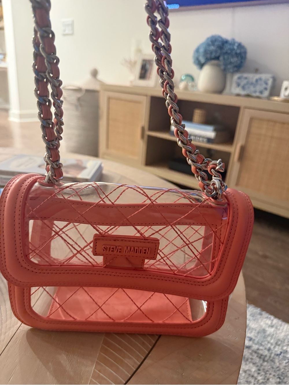 Steve Madden Coral Clear Quilted Crossbody Bag with Silver Chain